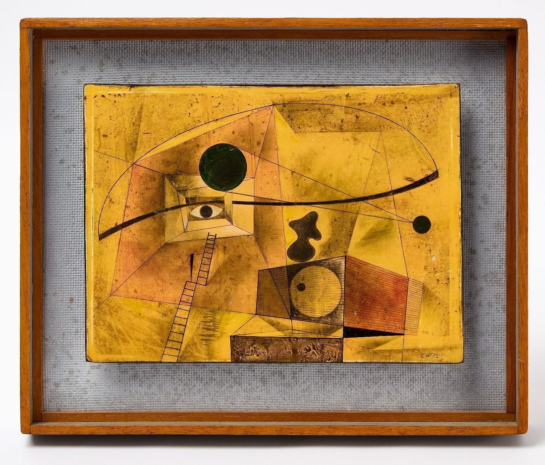 Clarke Hutton - Ladder: Clarke Hutton (British, 1898-1984), 'Ladder'. Ink and pigment on masonite. Signed with initials CH and dated 1972 to LR. Frame: H 11 in. W 13-1/2 in. Work: H 7-3/8 in. W 10-1/8 in.