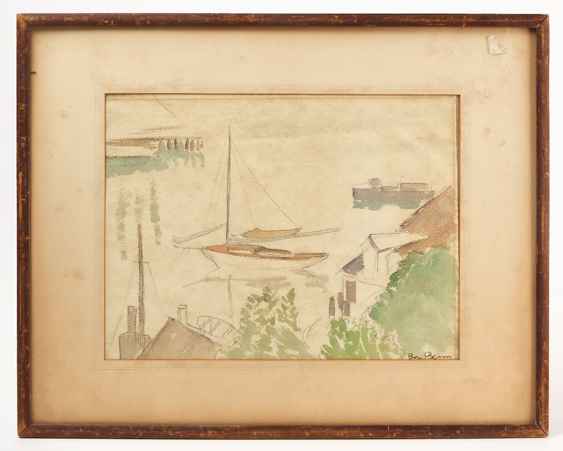Ben Benn - Gloucester Harbor Watercolor: Ben (Rosenberg) Benn (b. Kamenets-Podolsky, Russia,1884–1983 New York, NY), Gloucester Harbor. Watercolor on paper. Signed LR and signed in graphite with title on verso to backing. America,