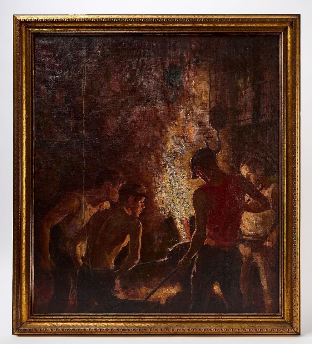 Cornelius Hicks - Men at Forge: Cornelius Grover Hicks (American, 1898–1930), Scene of several men within the interior of a forge or factory. Oil on canvas. Original parcel-gilt frame. Signed to UL. American, circa 1920.