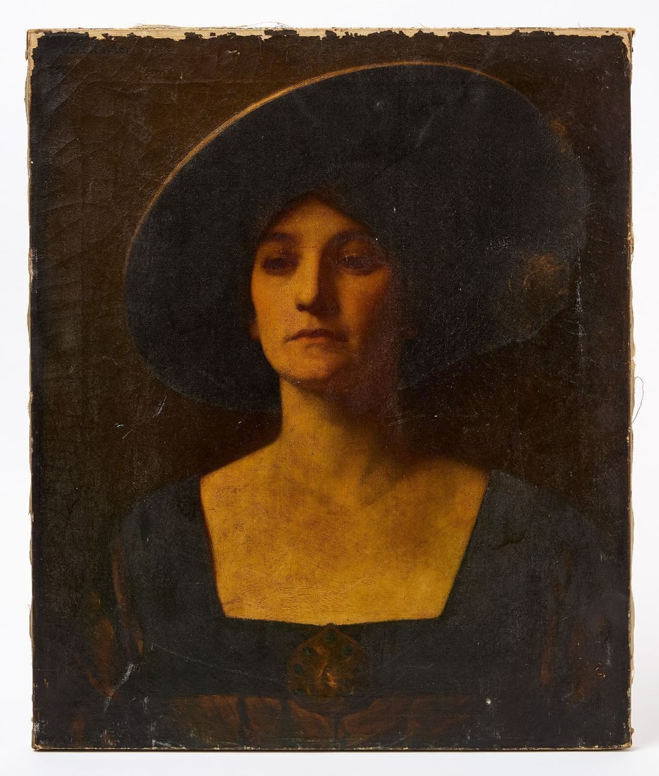 E. C. Taylor - Portrait of a Woman in a Wide-Brim Hat: Portrait of a woman in a wide-brim hat. Oil on canvas. Signed E. C. Taylor to UL (attributed to Edwin Cassius Taylor). American, early 20th century. H 24 in. W 20 in. Provenance: From the estate