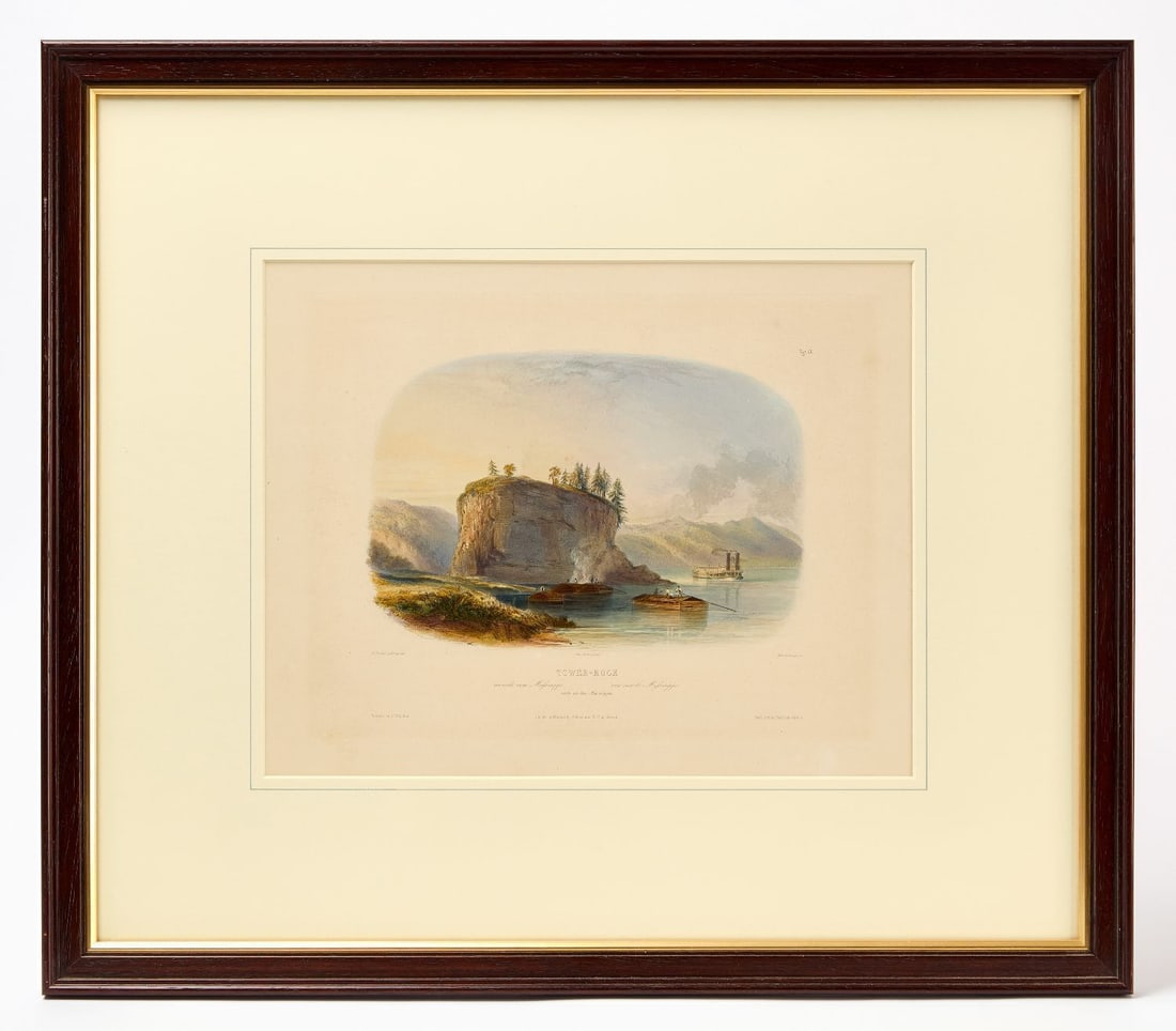 Karl Bodmer - Tower-Rock, View on the Mississippi: Karl Bodmer (1809–1893), 'Tower-Rock' (view on the mississippi), figure 9. Aquatint engraving on paper with blind stamp. Paris, circa 1839-1842. Modern mat and frame. Frame: H 22-5/8