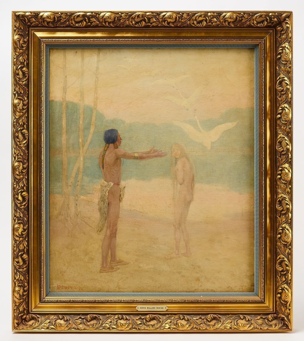 E. W. Deming - Native American and Young Woman: Edwin Willard Deming (1860 - 1942). Native American and Young Woman. Oil on artist board. Signed lower left. American, late 19th-early 20th century. Frame: H 30 in.W 36 in. Board: H 24 in. W 20 in.