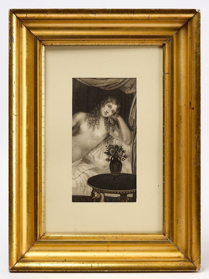 Early Neoclassical Reclining Nude: Reclining Nude with Neoclassical interior, hand-drawn in exceptional detail. Watercolor and graphite on wove paper. Scene depicts a lion monopodia table decorated with a greek vase filled with