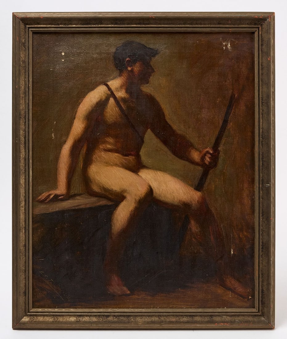 Edwin Cassius Taylor - Study of a Nude Male Figure: Edwin Cassius Taylor (1874-1935). Academic study of a nude male figure holding a firearm. Oil on canvas. Signed with initials 'ECT' to LL and dated Mar 13, 1911. Frame: H 23-3/4 in. W