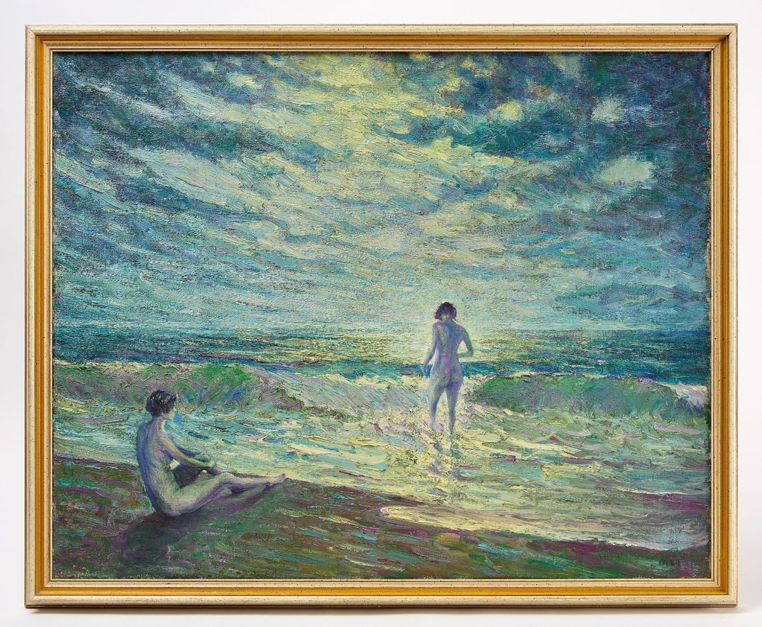 Theophilus Parsons - Female Bathers on a Beach: Theophilus Parsons (1878 Hempstead, New York - 1952 St. Paul de Vence, France), oil painting with two female bathers on a beach. Signed and date 1927 to LR. Frame: H 28 in. W 34-1/4 in. 