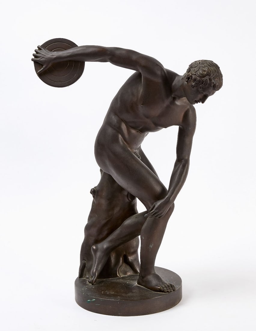 Bronze Figure of a Disc Thrower: Figure of a disc/discus thrower. Cast bronze. Europe, circa 1900. H 24-1/2 in. Provenance: From the estate of Professor Dorothy (Bosch) Keller, former 55-year faculty at University of Saint Josep