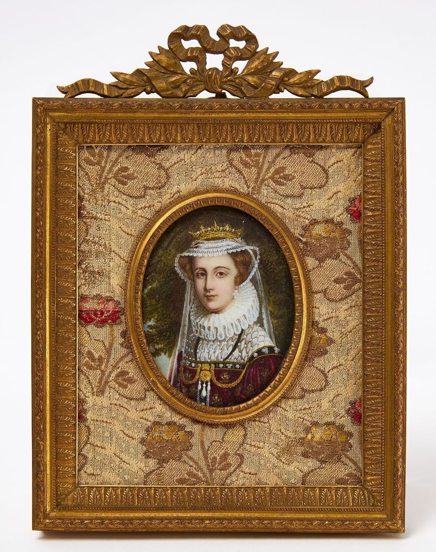 Miniature Portrait of Mary Queen of Scots: Miniature portrait of Mary Queen of Scots. Paint on bone. Brass frame with ribbon crest and fabric inner surround. Europe, 19th century. H 6-3/4 in. W 4-7/8 in. Sight: H 2-3/4 in. W 2-1/8 in.