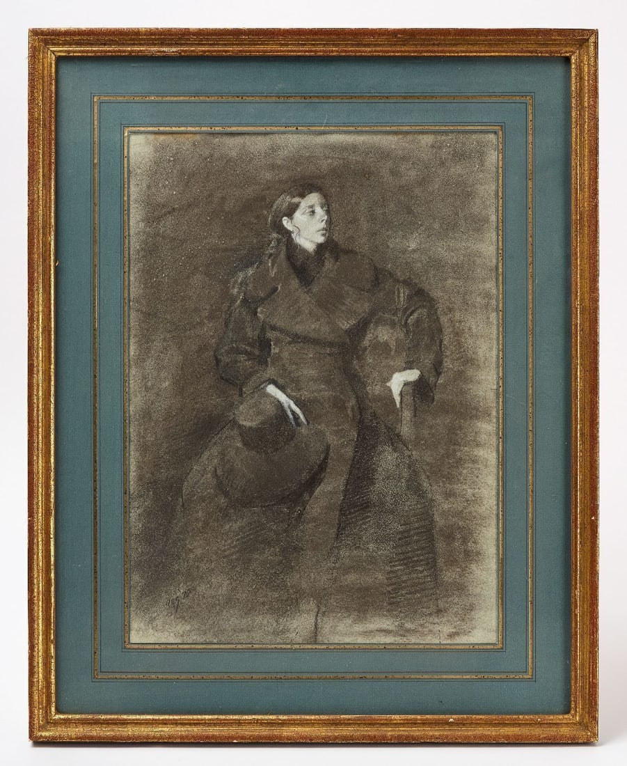 Aaron Shikler - 'Irvine in Great Coat': Aaron Shikler (1922–2015), 'Irvine in Great Coat'. Charcoal and chalk on paper. Signed with initials 'AAS' and dated 1970 to LL. Exhibited: The National Portrait Gallery
