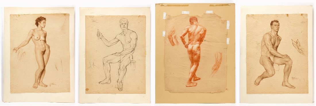 Six Works on Paper: Six works on paper as follows; two of which are framed as shown. Birney A. Lettick (Connecticut, 1919–1986) - four works on paper. Graphite on paper depicting various human subjects. All signed
