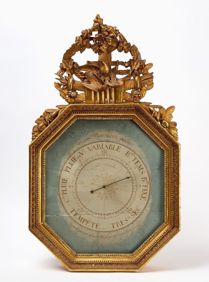 French Giltwood Barometer: Giltwood barometer. Octagonal shaped case with carved crest. France, 18th century. H 35-1/2 in. D 21-1/4 in.