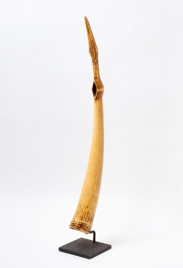 Oliphant: Oliphant (or Olifant). Carved bone. Africa, circa 1900. Custom metal stand included as shown. L 33 in.
