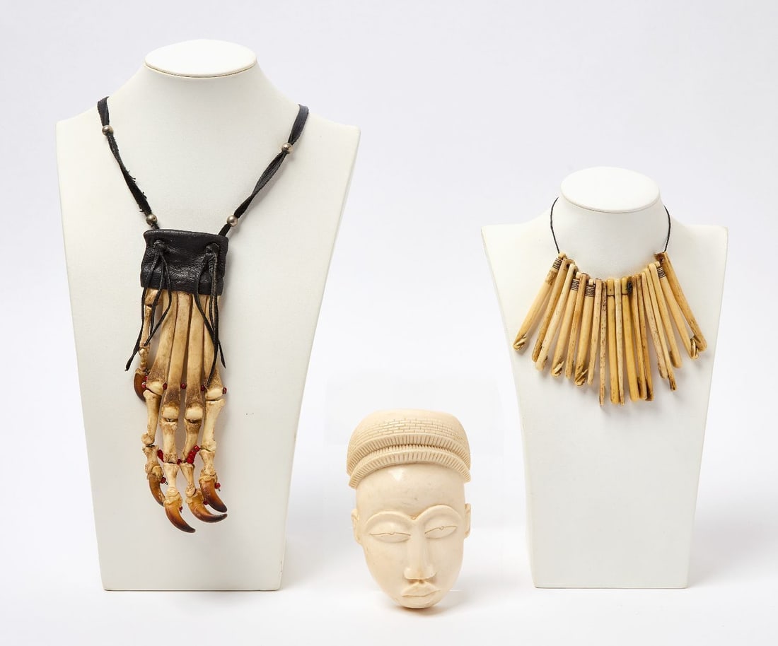 Collection of Tribal Fishing Hooks, Bone Mask, and Bear Claw Amulet (1 of 2)