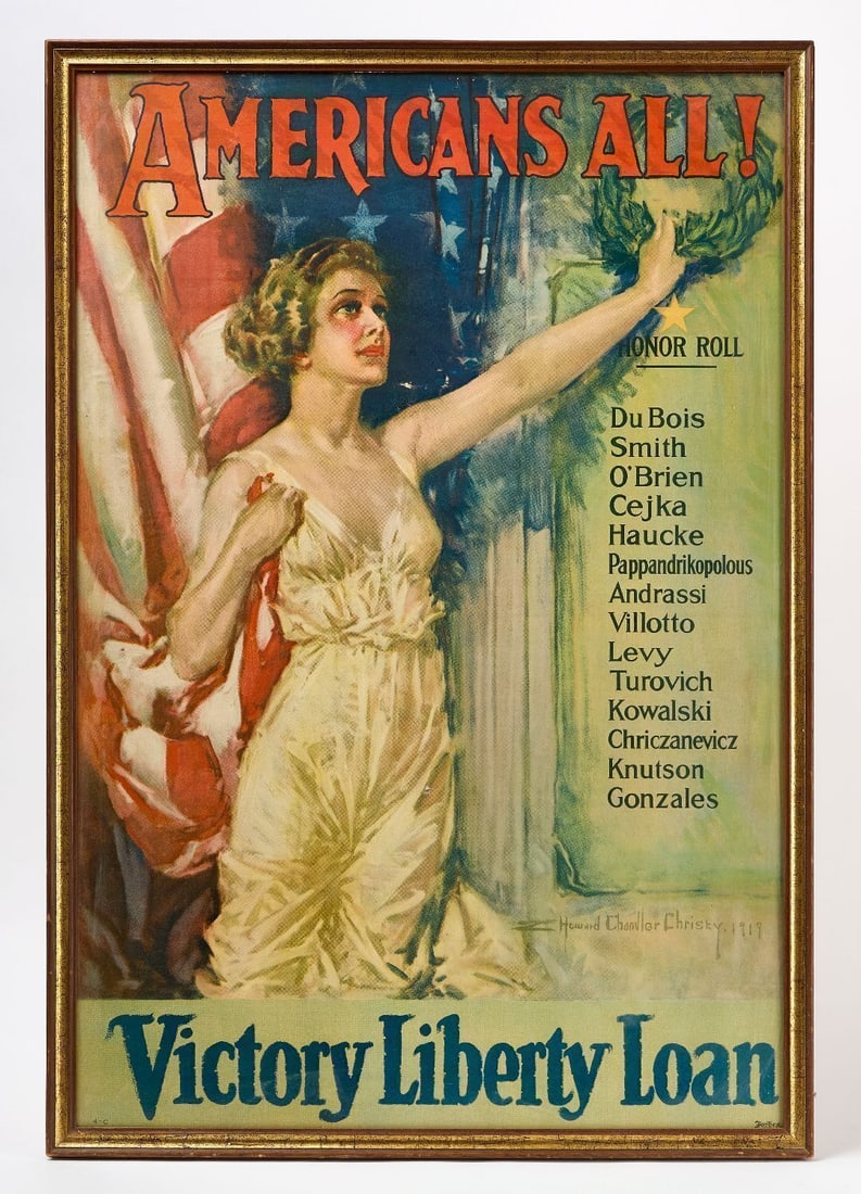 Victory Liberty Loan Poster by Howard Chandler Christy: Original WWI "Americans All - Victory Liberty Loan" propaganda poster by Howard Chandler Christy, in wood frame under glass. America, circa 1919. Frame: H 42 in. W 29 in.