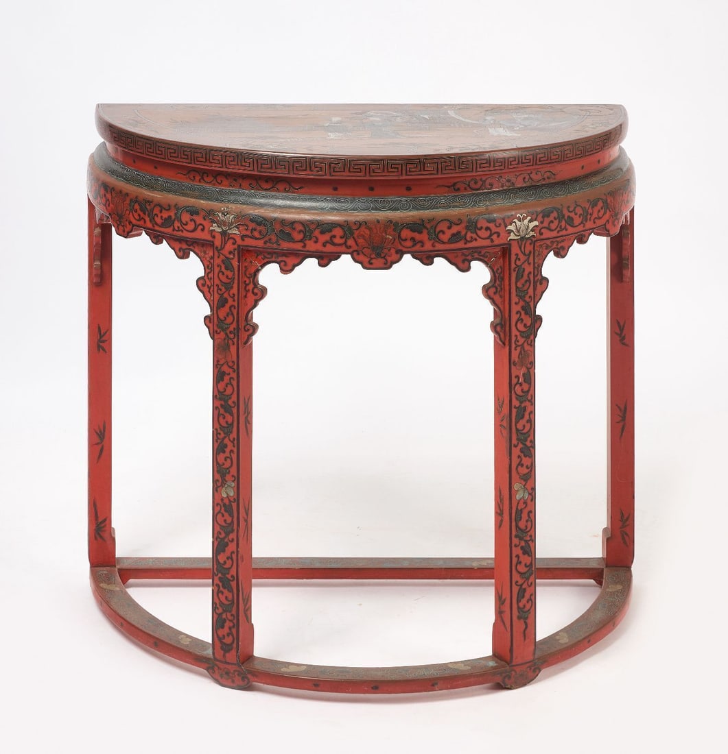 Chinese Demilune Lacquer Table: Chinese demilune lacquer table. Top with view of 3 ladies in a domestic setting. Circa 1900. H 30 in. W 34-1/2 in. D 17-1/8 in.