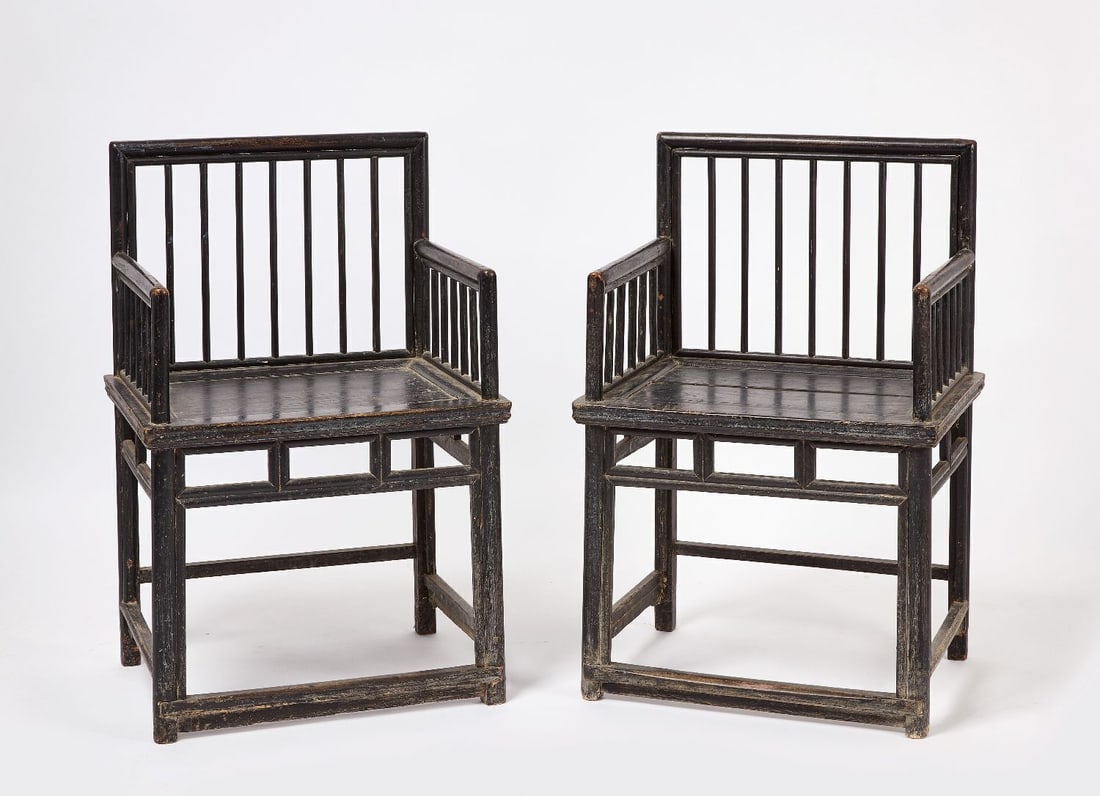 Pair of Black Lacquer Chinese Spindle Chairs: Pair of Provincial Chinese spindle chairs. Original black paint. 19th century. H 34-1/2 in. W 22-1/2 in. D 17-3/4 in.