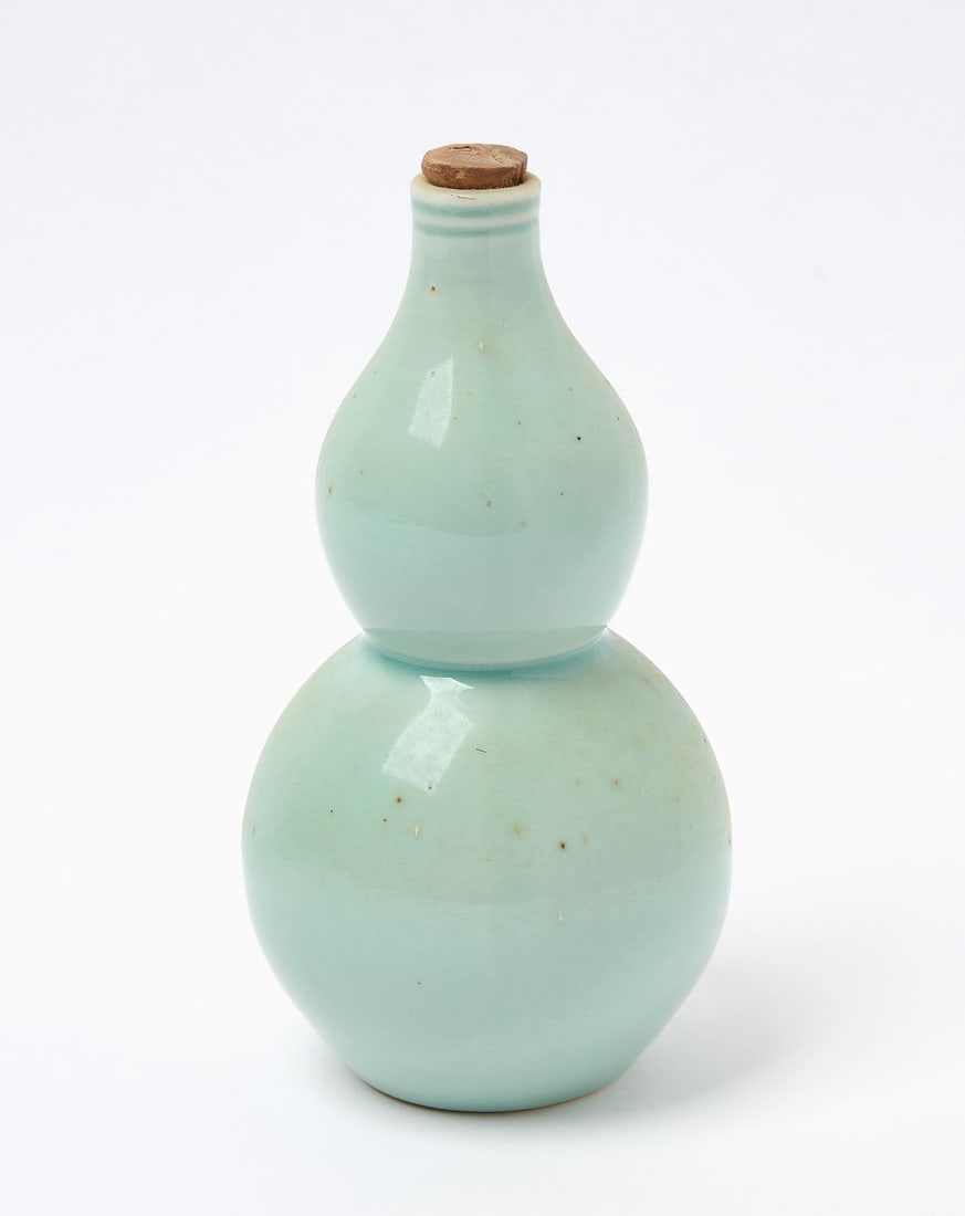 Chinese Celadon Double Gourd Vase: Chinese celadon double gourd vase. Signed. China, Qing Dynasty. H 8-1/2 in.