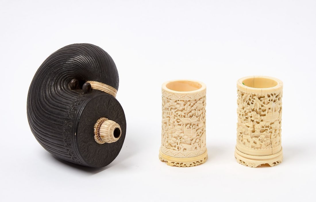 Pair of Chinese Brush Pots, and Indian Powder Flask (1 of 3)