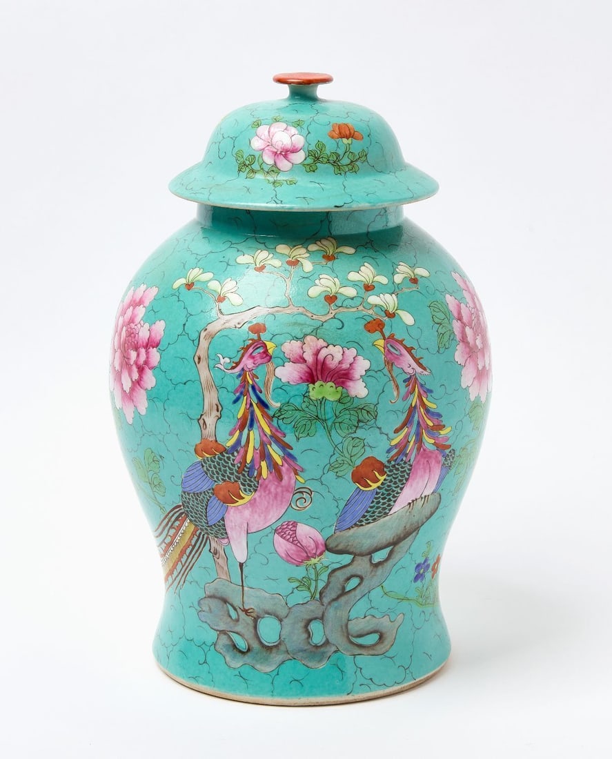 Chinese Famille Rose Ginger Jar with Phoenix: Chinese Famille Rose Ginger Jar with lid. Turquoise ground featuring a phoenix, rockwork, and floral decoration. China, 19th century. H 16 in. W 10 in. Dia. (opening) 5-1/4 in.
