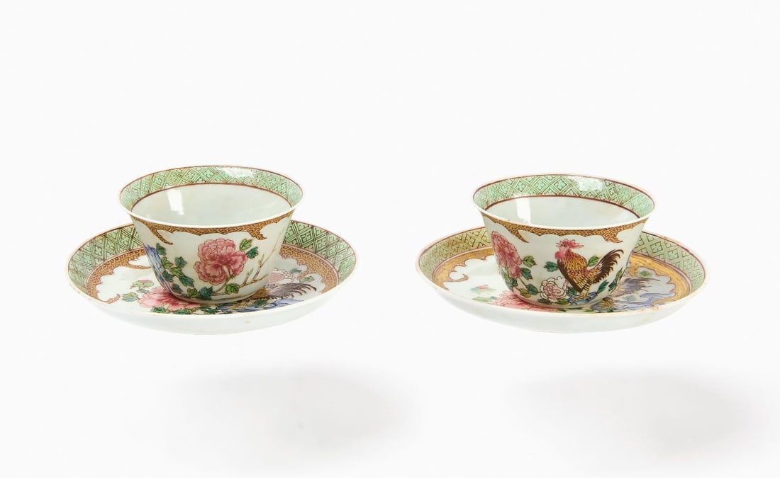 Set of Chinese Export Tea Cups with Saucers: Set of Chinese Export Tea Cups with Saucers. Teacups marked and feature rooster and peonies design. Saucers marked and feature rooster on a branch, with peonies design, and gilt decoration around the