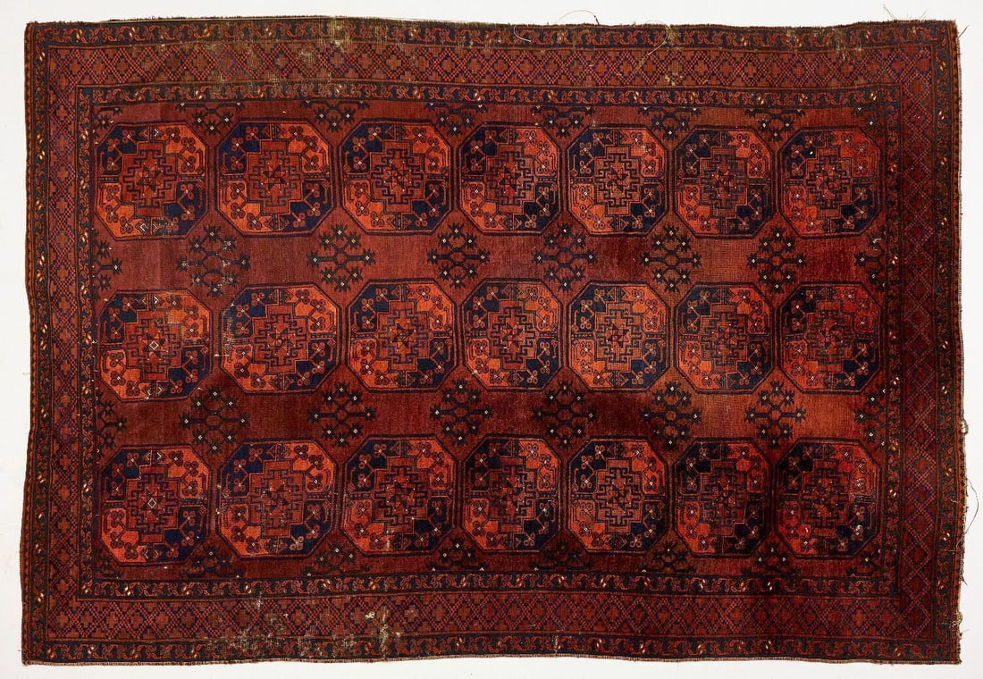 Ersari Carpet: Ersari Carpet. Deep maroon, red and blue wool. Early 20th century. L 119 in. W 87 in.