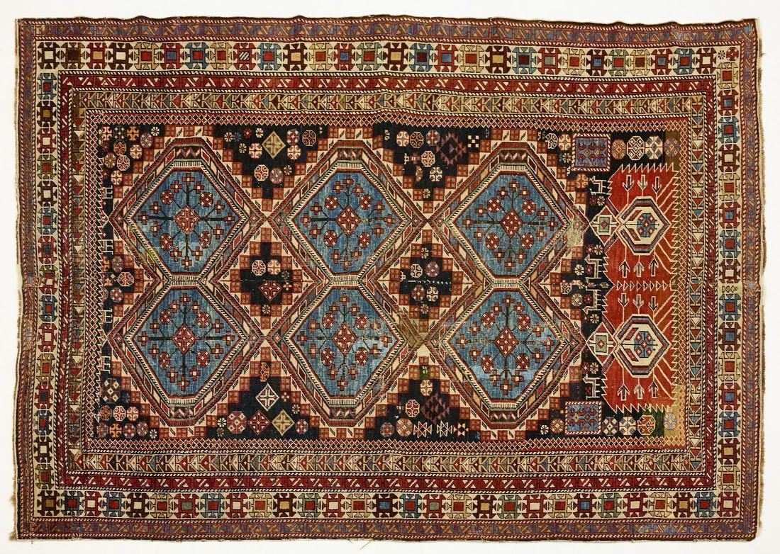 Caucasian Shirvan Carpet: Caucasian Shirvan Rug. Wool, Hand-knotted. L 73-3/8 in. W 50 in.