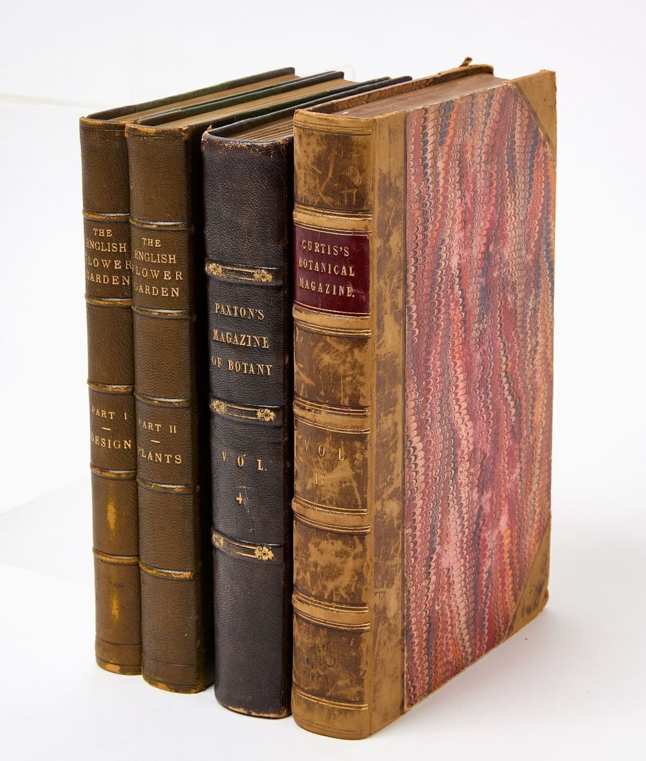 Botanical Magazines With 114 Excellent Plates And A Classic Flower Garden Book: Paxton's Magazine of Botany...Volume the Fourth...London: W.S. Orr...MDCCCXXXVIII [1838]. 8vo. 279 pp. 43 hand clored plates including 6 double page plates, all in stunning condition. Original