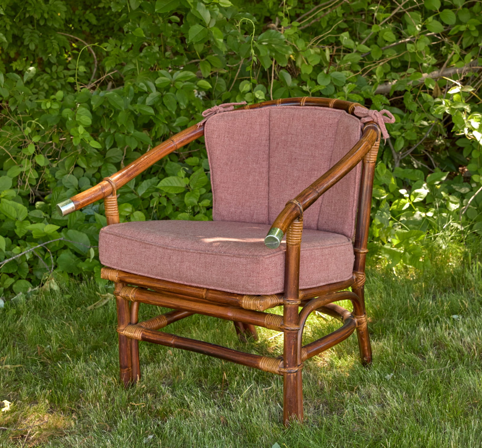 Ficks Reed Mid-Century Bamboo Armchair: Mid-Century Bamboo Armchair. Part of John Wisner's "Far Horizons" collection for Ficks Reed. Custom upholstery. Label absent. Mid-20th century.H 26-1/4 in. W 26-1/2 in. D 29 in.