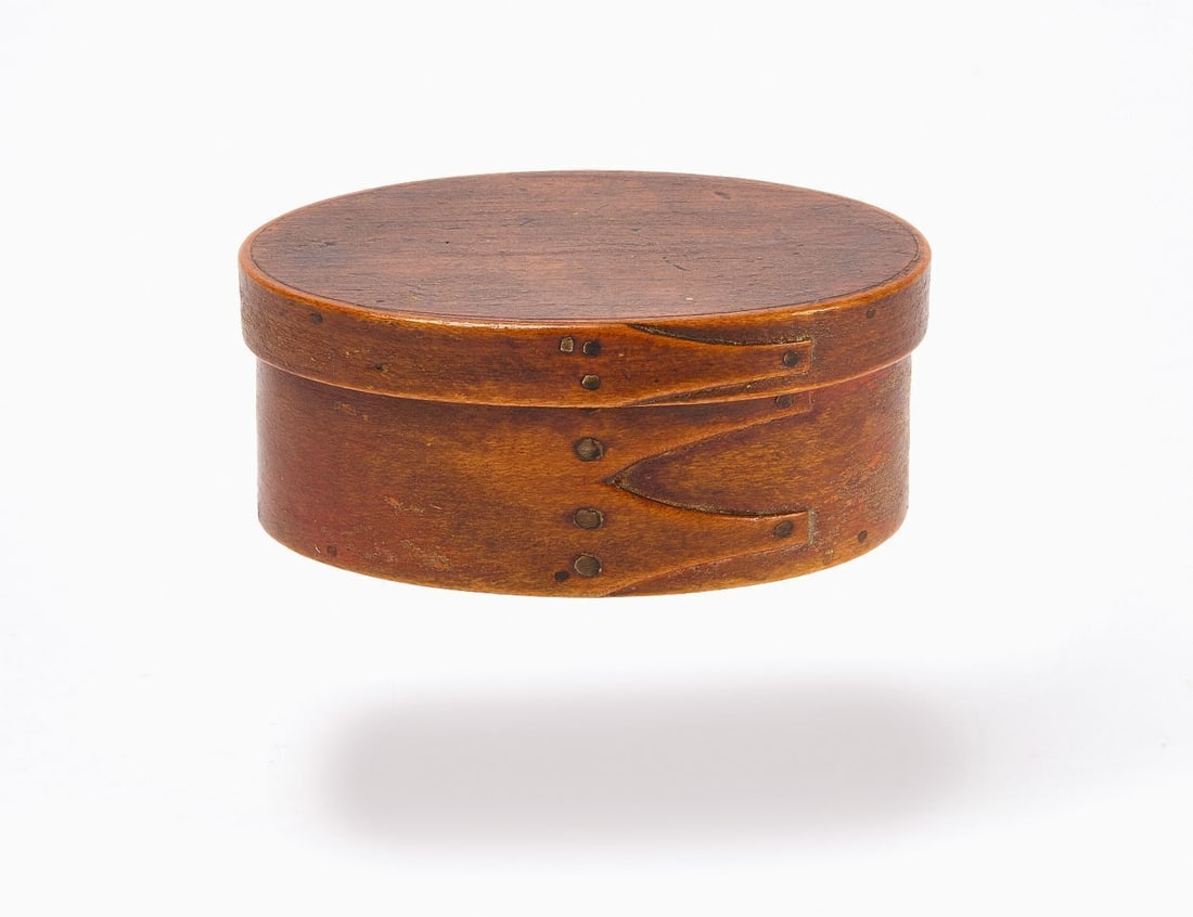 Small Shaker Box: Small Shaker storage box with traces of bittersweet paint. Inside lid with inscription. 'From Hannah Williams 1874'. American, mid to late 19th century. Provenance: Estate of Faith and Edward 