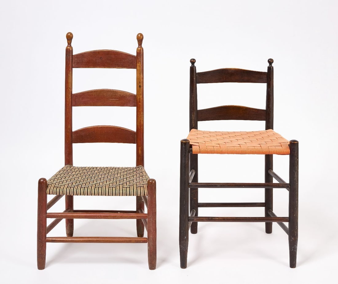 Shaker Sister's Side Chair and Low Back Chair: Shaker Sister's side chair in red paint together with a low back chair. Taped seats. New England, circa 1900. Provenance: Estate of Faith and Andrew Deming Andrews. Chair: H 32-3/4 in. W 17 in. D&