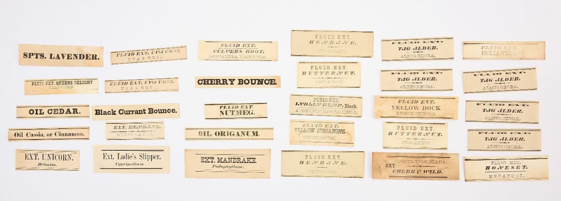 Group A of Shaker Medicinal Labels: Group of Shaker Labels related to the Shaker medicinal herb trade. Includes approx. 30 labels on 30 sheets of paper. Letterpress, black ink on white paper. New York, 19th century. Provenance: Estate o