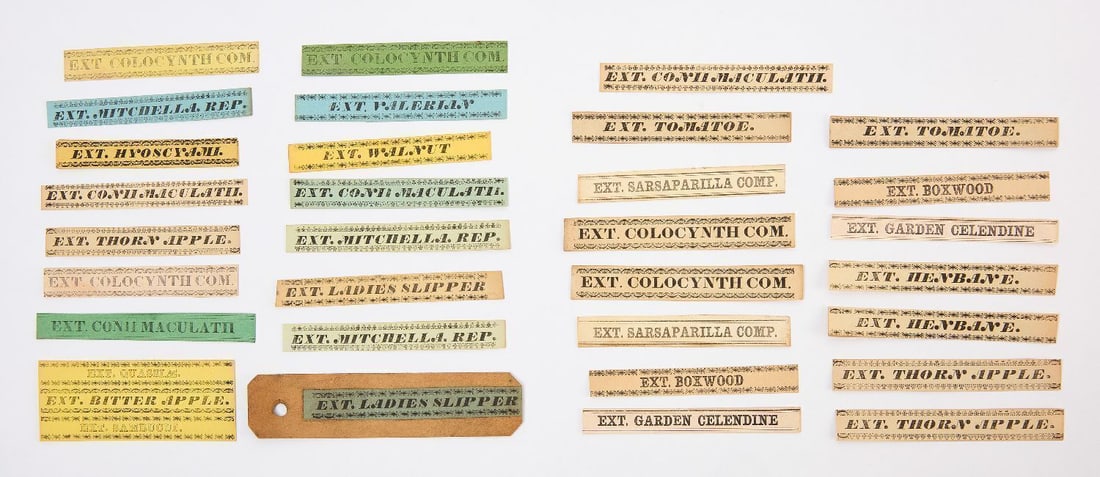 Group B of Shaker Medicinal Labels: Group of Shaker Labels related to the Shaker medicinal herb trade. Includes approx. 32 labels on 30 sheets of paper. Letterpress, black ink on white, yellow, blue, green or red paper. New York, 19th c