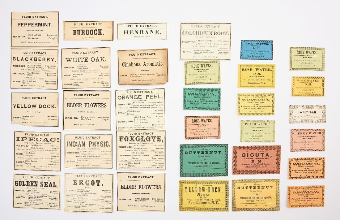 Group C of Shaker Medicinal Labels: Group of Shaker Labels related to the Shaker medicinal herb trade, some instructional with dosage information. Includes approx. 31 labels on 31 sheets of paper. Letterpress, black ink on white, orange