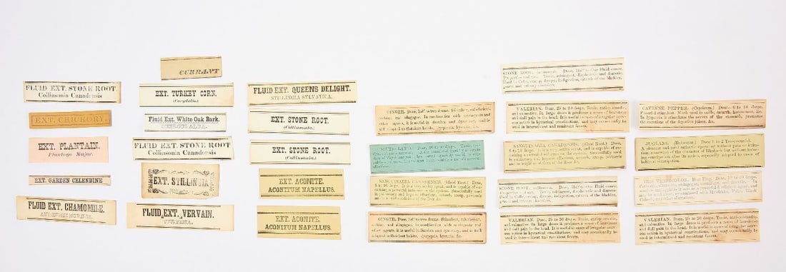 Group D of Shaker Instructional Medicinal Labels: Group of Shaker Labels related to the Shaker medicinal herb trade, some instructional with dosage information. Includes approx. 29 labels on 29 sheets of paper. Letterpress, black ink on mostly white 