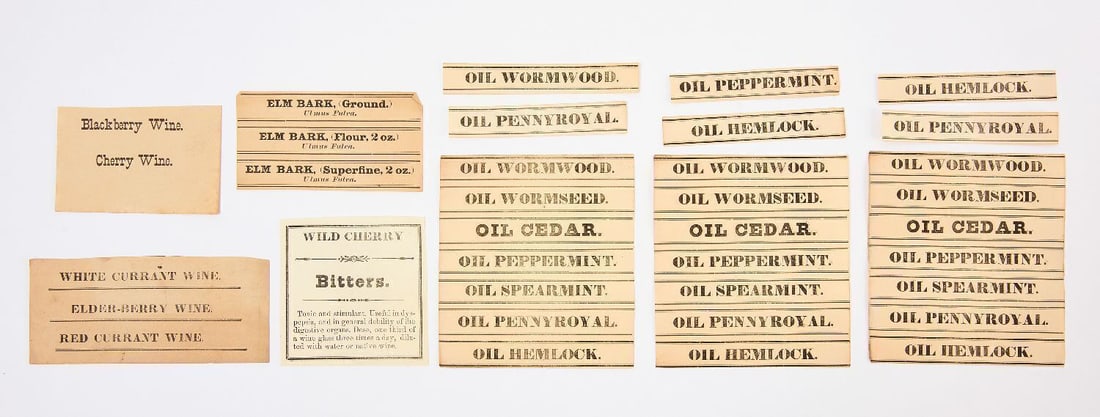 Group E of Shaker Product Labels: Group of various Shaker Product Labels. Includes approximately 36 labels on 13 sheets of paper. Letterpress, black ink on white paper. 19th century. Provenance: Estate of Edward Deming Andrews and Fai