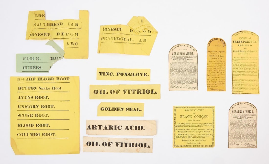 Group F of Shaker Medicinal and Product Labels: Group of Shaker Labels related to the Shaker medicinal herb trade. Includes approximately 25 labels on 14 sheets of paper. Letterpress, black ink on white, yellow or green paper. Two labels all with &