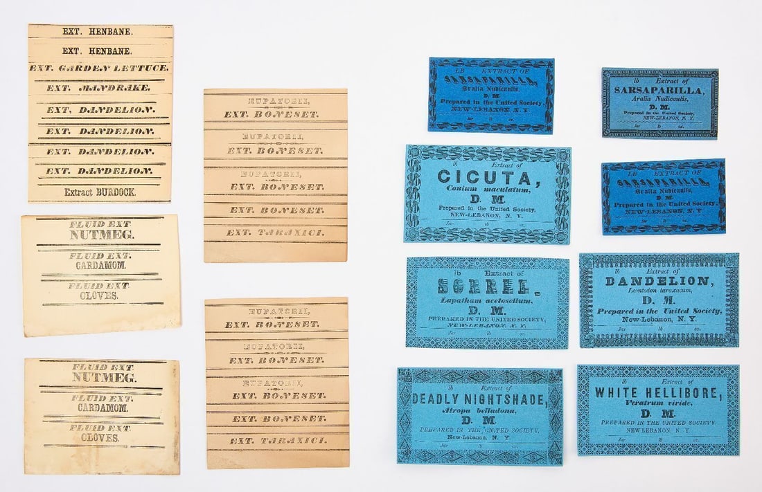 Group G of Shaker Medicinal Labels: Group of Shaker Labels related to the Shaker medicinal herb trade. Includes approx. 28 labels on 12 sheets of paper. Letterpress, black ink on white or blue paper. Blue labels all with "New-