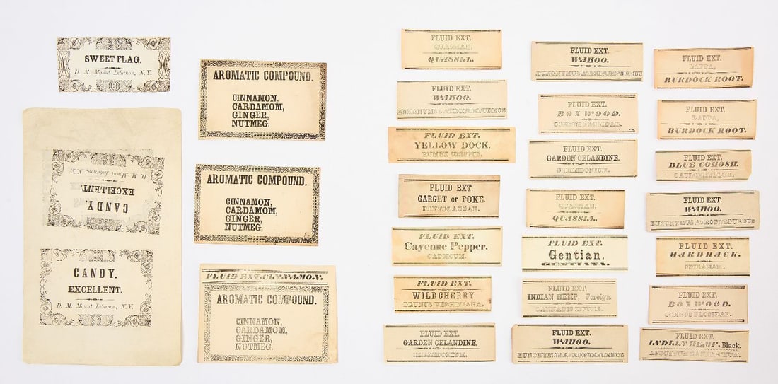 Group H of Shaker Medicinal Labels: Group of Shaker Labels related to the Shaker medicinal herb trade. Includes approx. 28 labels on 26 sheets of paper. Letterpress, black ink on white paper. One sheet includes two labels on one side, a