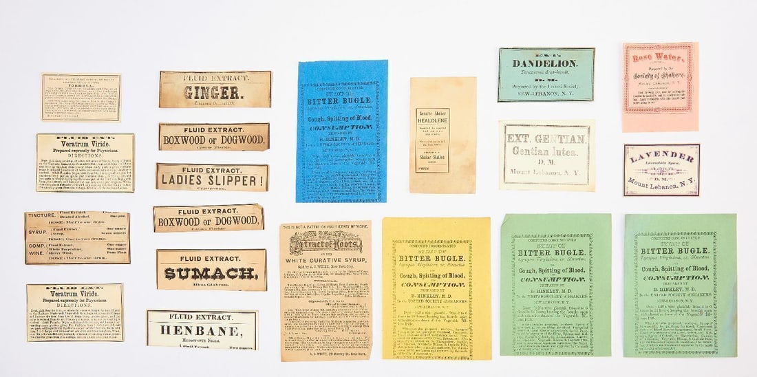 Group I of Shaker Medicinal Labels: Group of Shaker Labels related to the Shaker medicinal herb trade. Includes approx. 20 labels on 20 sheets of paper. Black, blue and red letterpress ink on pink, yellow, blue, green or white paper. Ne