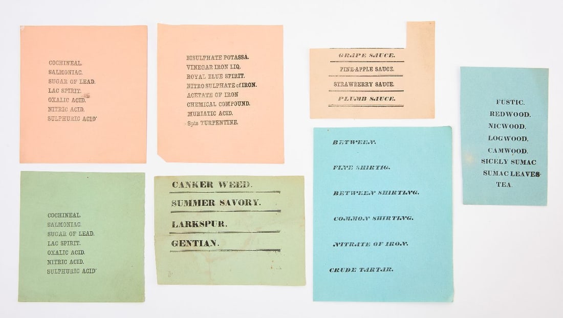 Group J of Shaker Product Labels: Group of Shaker Product labels. Includes approx. 7 sheets of paper with various labels. Two sheets double-sided. Letterpress, black ink on blue, orange and green paper. New York, 19th century. P