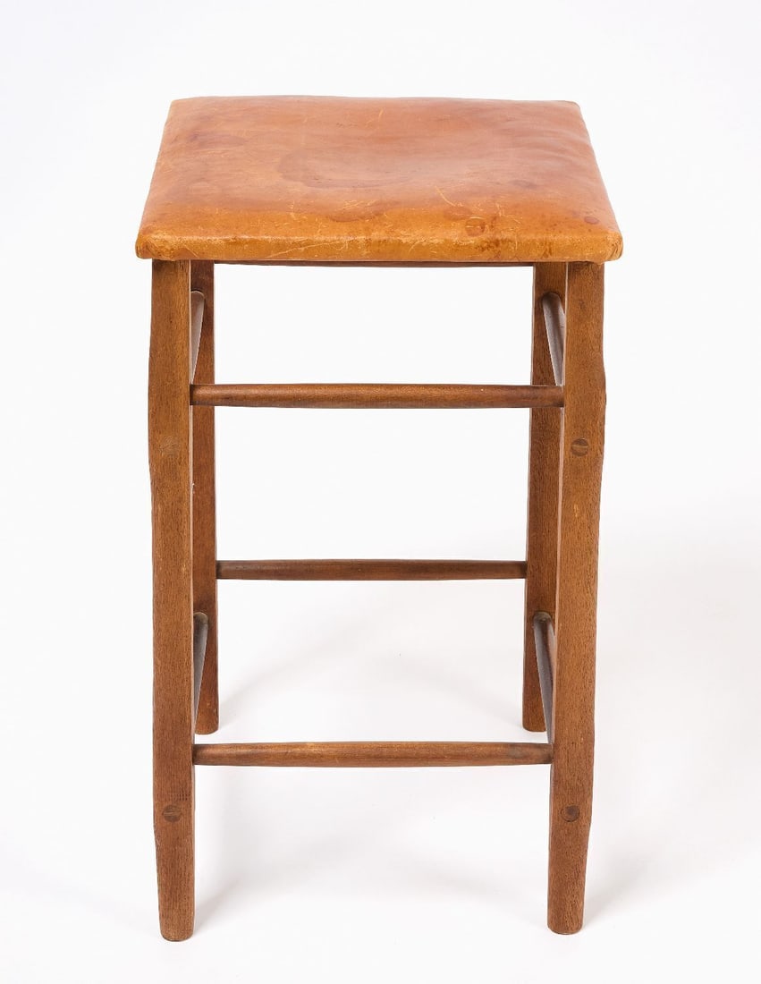 Shaker Shop Stool: Shaker shop stool with leather seat. New England, mid to late 19th century. Provenance: Estate of Faith and Andrew Deming Andrews. H 28-1/4 in. W 15-1/2 in. D 15-1/2 in. Faith and Edward Deming Andrew