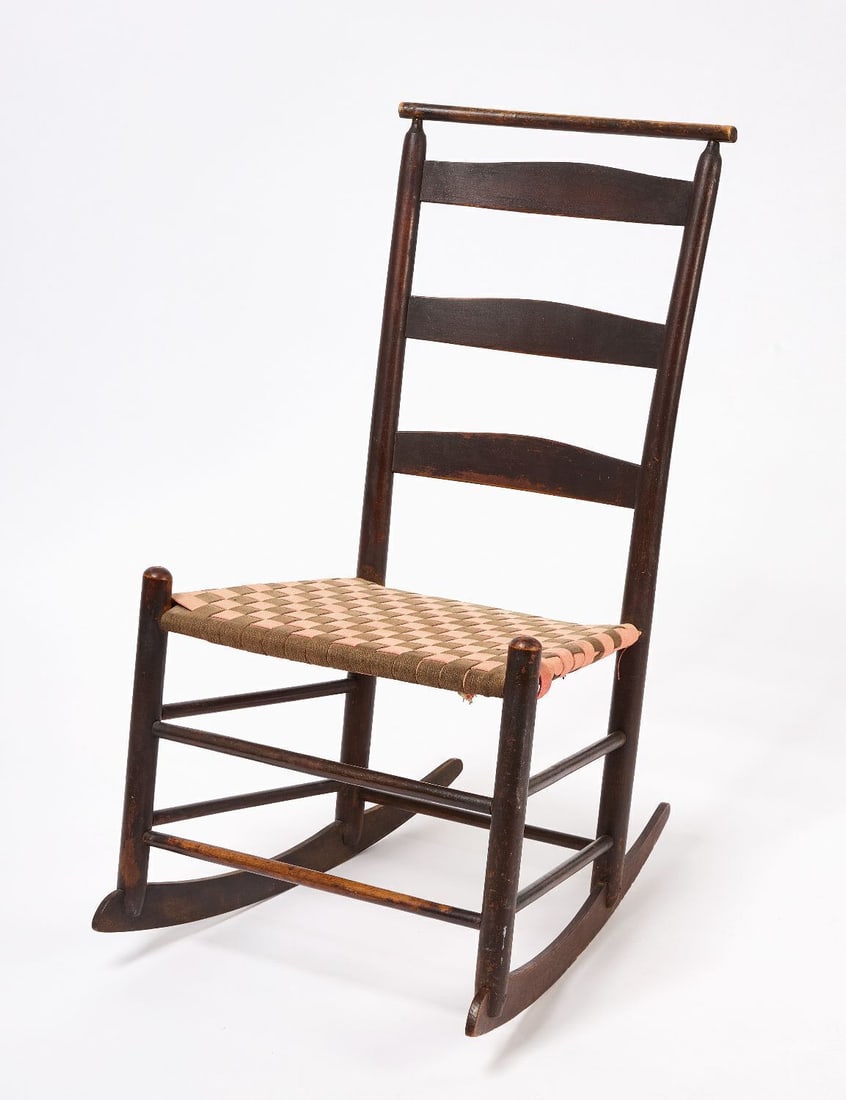 Shaker No. 3 Rocking Chair: Shaker #3 rocking chair. Original tape seat. New England, Circa 1900. Provenance: Estate of Faith and Andrew Deming Andrews. H 36-3/4 in. W 18-1/4 in. D 24 in. Faith and Edward Deming Andrews are wide