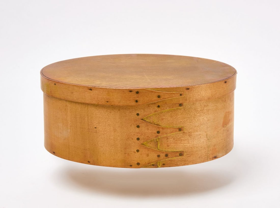 Shaker Storage Box: Shaker 4-finger storage box. Traces of yellow paint. New England, Late 19th century. Provenance: Estate of Faith and Edward Deming Andrews H 5 in. W 12 in. D 8-1/2 in. Faith and Edward Deming Andrews