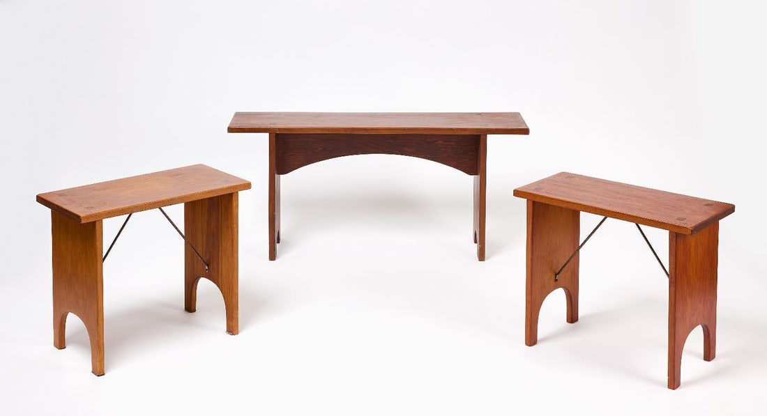 Three Shaker Benches by Ejner Handberg: Three contemporary Shaker benches by Ejner Handberg (1902–1985). Provenance: Estate of Faith and Edward Deming Andrews. H 18-1/4 in. L 40 in. D 10 in. Pair: H 17-3/8 in. L 21-1/8 in. D 10-1/2