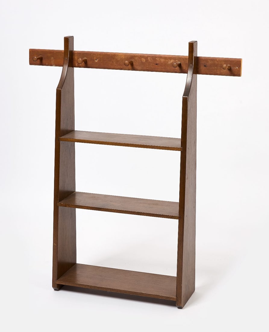 Shaker Peg Rack with Ejner Handberg Hanging Shelf: Shaker Peg Rack with Hanging Shelf. Peg rack is late 19th century, shelves were made by Ejner Handberg (1902–1985). Provenance: Estate of Faith and Edward Deming Andrews. Shelf: H 40-3/4 in. W 2