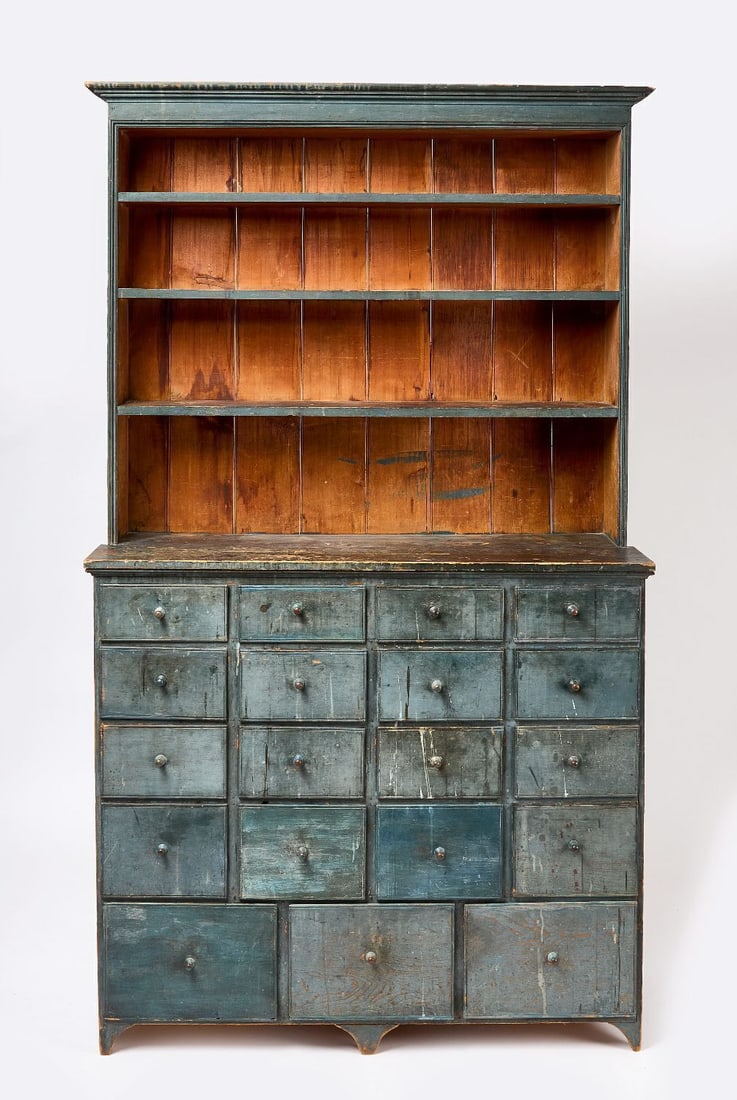 Painted Step-Back Apothecary Cupboard: Fine step-back apothecary cupboard. Original blue paint. Neew England, circa 1820. Collection of Russ and Karen Goldberger. Provenance: Jewett-Berdan Antiques, John Sideli, Brian Knapp. H 86 in. W 48 