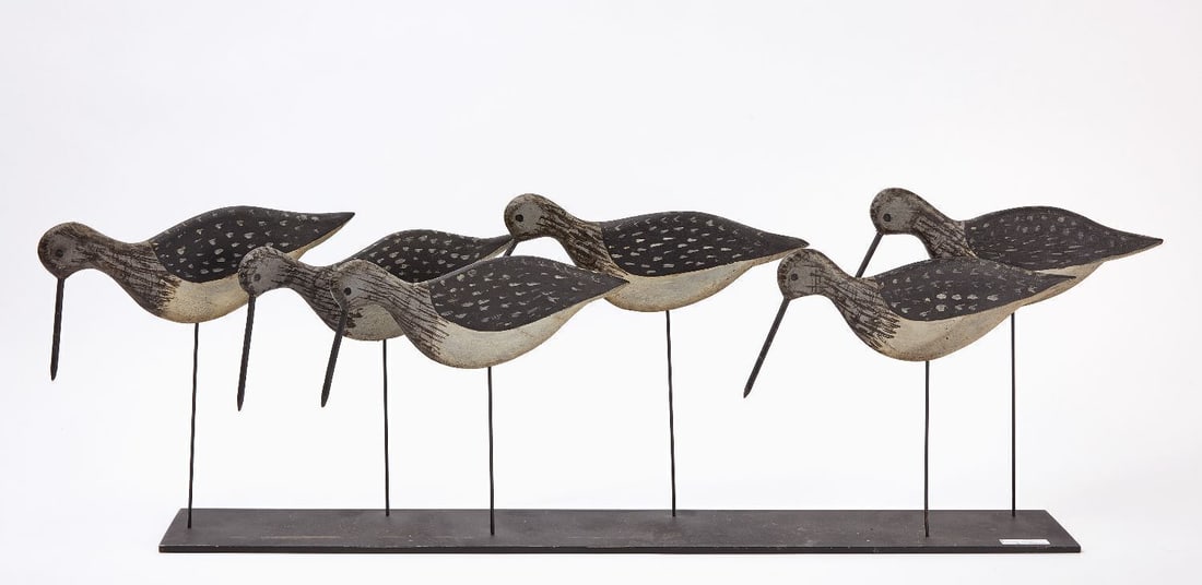 Rig of Six Greater Yellowlegs Flattie Shorebirds: Rig of six Greater Yellowlegs shorebird decoys. Original, near mint condition. Professionally mounted. Collection of Russ and Karen Goldberger. L each bird: 12 in.