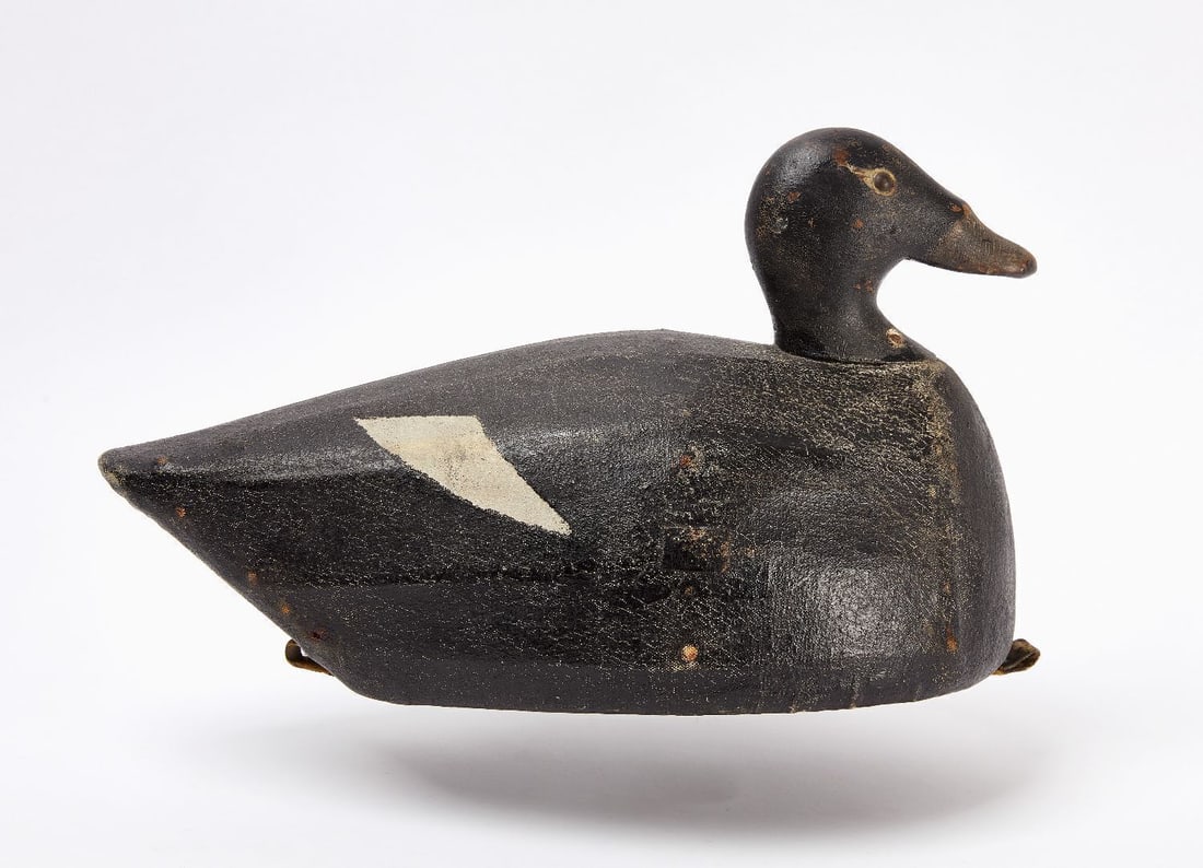 Joe Lincoln Scoter Decoy: Joe Lincoln Scoter decoy original black and white paint. Painted canvas over wood. Tack eyes. American, H 10 in. W 16-1/2 in. D 8-1/8 in.
