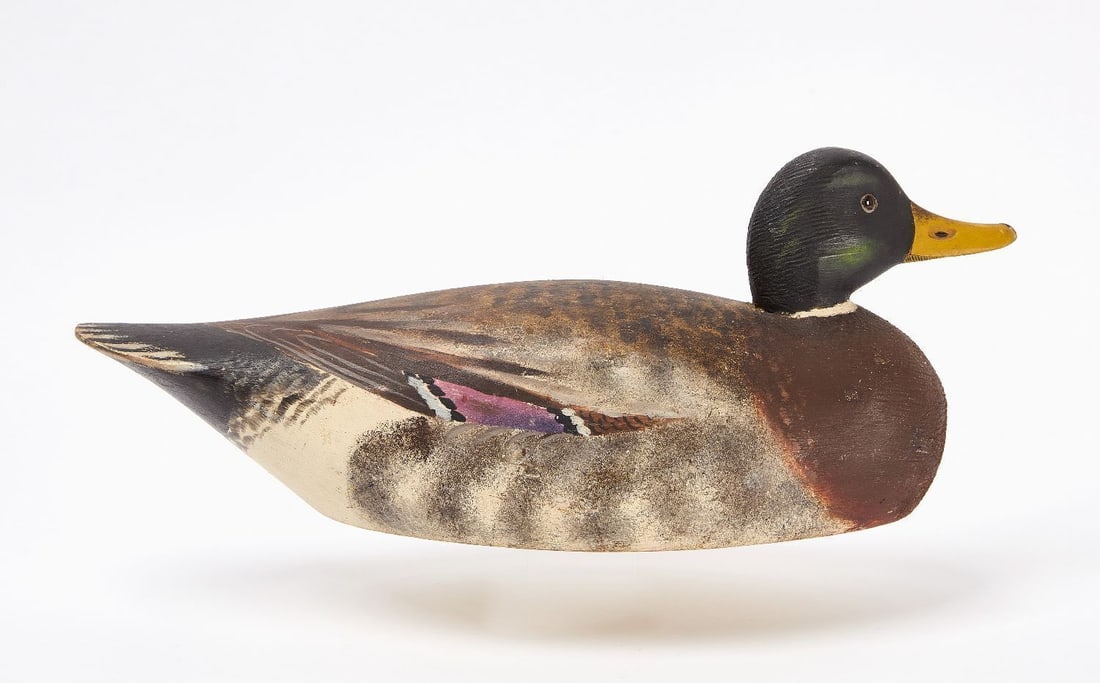 A. Elmer Crowell - Mallard Drake Decoy: A. Elmer Crowell Mallard Drake decoy with turned head. Oval brand. Original paint. L17 in. Collection of Russ and Karen Goldberger.