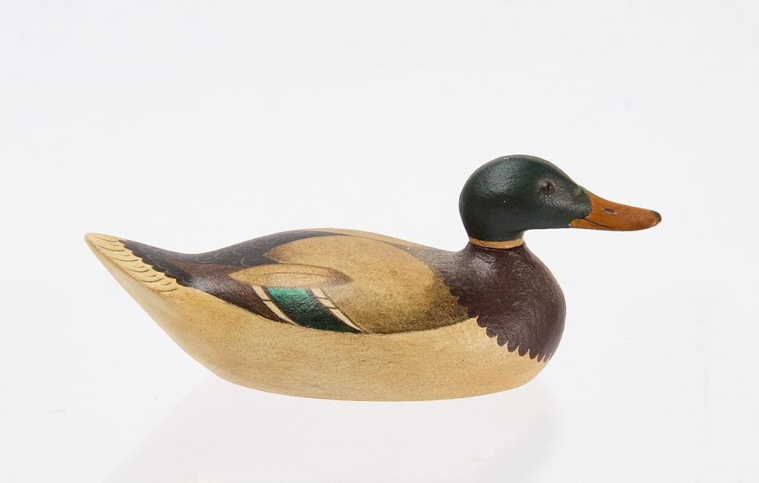 Lou Scheyd Miniature Mallard Duck: Lou Scheyd miniature mallard duck decoy/carving in the Mason decoy style. Carved wood with original paint. Inscribed on underside 'To Paul A Great Guy From, Lou Scheyd'. Contoocook,