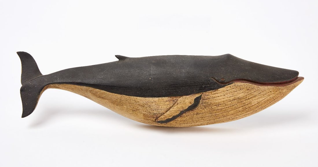 Clark Vorhees Carved Humpback Whale: Clark Vorhees (1871-1957). Exceptional example of a Humpback whale. Carved wood with original paint. Stampled on back. L 18. in.